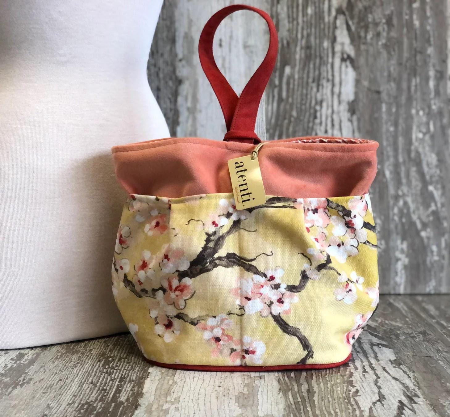 ATENTI Handmade Bags Gold Bloom Yellow Cherry Blossom Floral Design 8 Pocket Tall Caddy Organizer Needle Arts Knitting Bag USA Made
