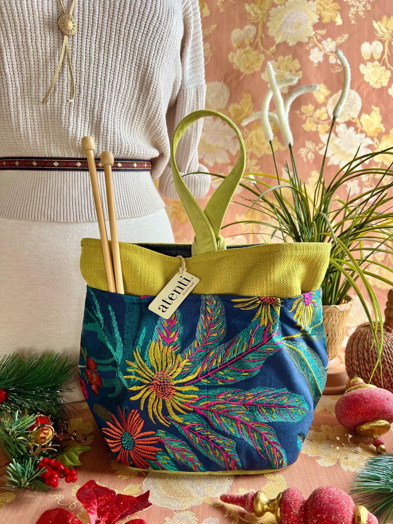 ATENTI Handmade Bags FLORA Tapestry Pattern 8 Pocket Tall Organizer Needle Arts Knitting Bag Project Bag Diaper Bag Carry On USA Made