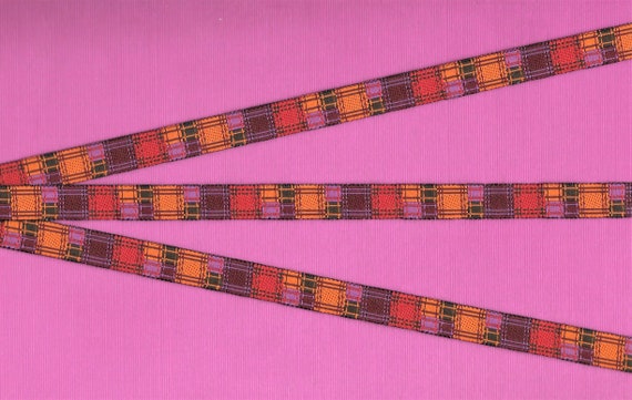 GEOMETRIC A-05-B Jacquard Ribbon Polyester Trim 7/16" wide (13mm) Block Design in Tones of Purple, Orange, Red, Brown & Burgundy REMNANTS