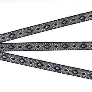 METALLIC B-06-D Jacquard Ribbon Polyester Trim 1/2&quot; wide (13mm) Diamond Design in Shades of Navy Blue with Metallic Gold Borders