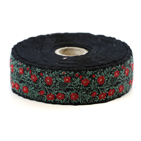 KAFKA F-02/05 Jacquard Ribbon Woven Organic Cotton Trim 1" wide (25mm) Black Background w/Red & Peach Wild Roses, 2-Tone Green Leaves