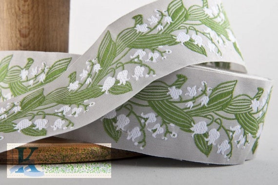 KAFKA H-02/11 Jacquard Ribbon Woven Organic Cotton Trim 1-1/2" wide (38mm) Gray Background w/White Lilies of the Valley, Green/Leaves