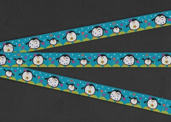 ANIMALS/Water C-03-C Jacquard Ribbon Poly Trim, 5/8" Wide (16mm) Teal Background "Dancing" Penguin Family Flowers/Polka Dots