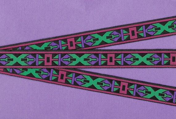 NATIVE AMERICAN D-04 Jacquard Ribbon Poly Trim, 3/4" Wide (20mm) Black Background with Purple, Magenta & Emerald Green Pattern, Lengths Vary