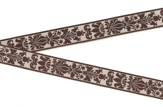 FLORAL F-51-B Jacquard Ribbon Poly Trim 1" wide (25mm) Ivory Background with Brown Floral Design
