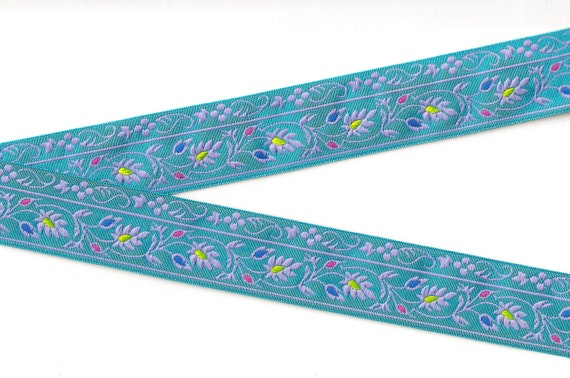 FLORAL G-11-F Jacquard Ribbon Poly Trim 1-3/8" wide (34mm) Made in France, Turq Blue w/Lilac Scrolls/Leaves/Vines, Blue/Yellow/Pink Accents
