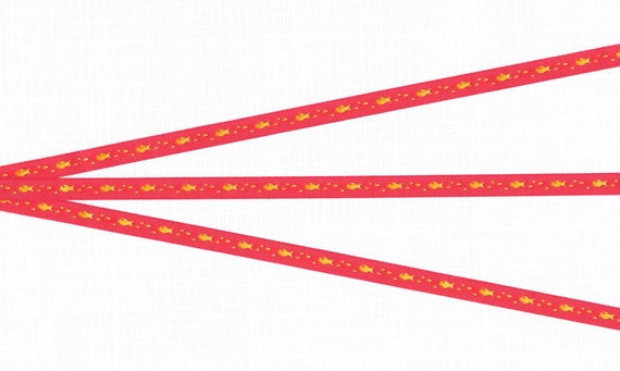 ANIMALS/Water A-01-A Jacquard Ribbon Poly Trim 1/4" wide (6mm) VINTAGE & RARE, Red Background w/Petite Yellow Fish and Dot Accents