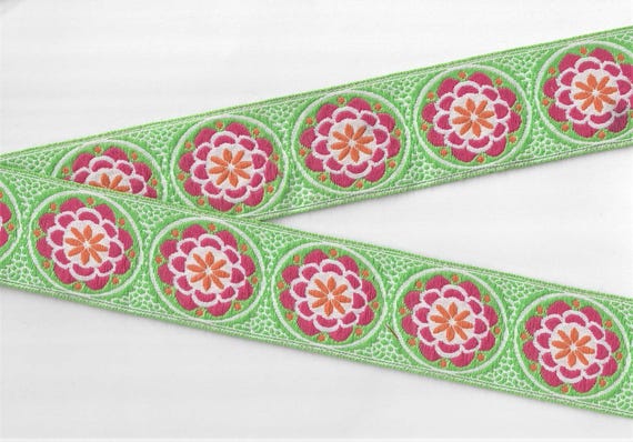 VINTAGE FLORAL K-11-A Jacquard Ribbon Cotton/Poly Trim 1-7/8" wide (48mm) VINTAGE Lime/White w/Pink, Orange & White Flower Medallions