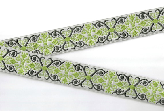 GEOMETRIC H-09-Q Jacquard Ribbon Poly Trim 1-1/2" wide (38mm) Tan w/Olive & Peridot Green