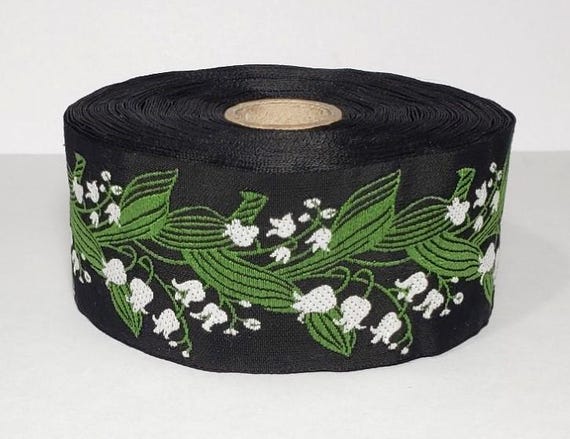 KAFKA H-02/21 Jacquard Ribbon Organic Woven Cotton Trim 1-1/2" wide (38mm) Black Background w/White Lilies of the Valley & Green Leaves