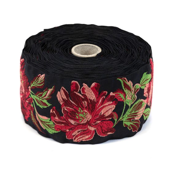 KAFKA L-08/04 Jacquard Ribbon Woven Organic Cotton Trim 2-3/8" wide (60mm) NEW! Black w/Large Peonies in Red, Apricot & Pink