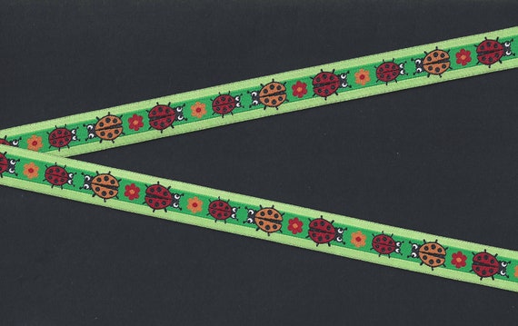INSECTS C-11-A Jacquard Ribbon Polyester Trim 5/8" wide (16mm) 2-Tone Green Background w/Orange & Red Ladybugs, Flower Accents