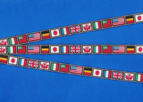 NOVELTY/Flags A-01-A Jacquard Ribbon Poly Trim, 3/8" Wide (9mm) Flags of France, USA, UK, Japan, Taiwan, Germany, Canada & Italy, Per Yard