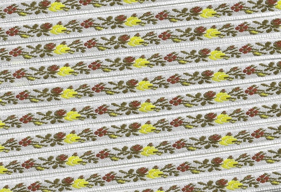 FLORAL A-08-S Jacquard Ribbon Polyester Trim, 3/8" Wide (9mm) White Background w/Petite Yellow & Brown Flowers, Olive Green Leaves