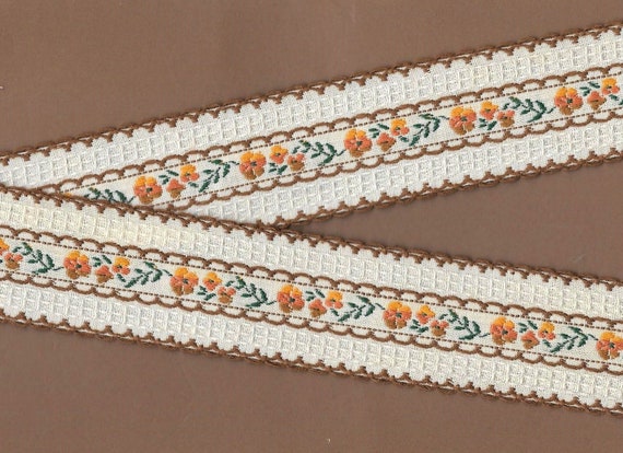 FLORAL H-04-A Jacquard Ribbon Cotton Trim, 1-1/2" Wide (38mm) Ivory w/Brown Picot Edge, Gold/Rust/Brown Flowers, Green Leaves