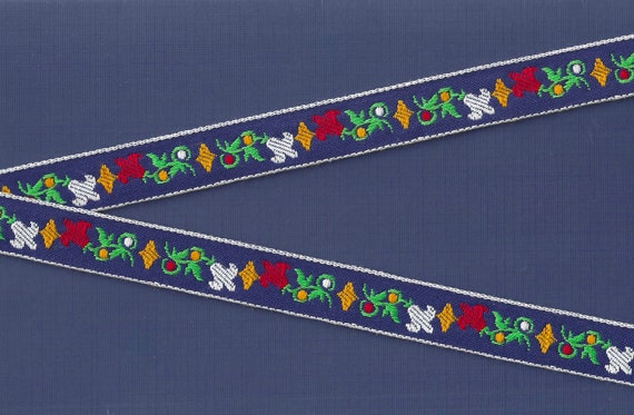 FLORAL D-22-C Jacquard Ribbon Woven Cotton Trim 3/4" wide (20mm) Navy w/White Borders, Red & White Tulips, Yellow Accents, Green Stems