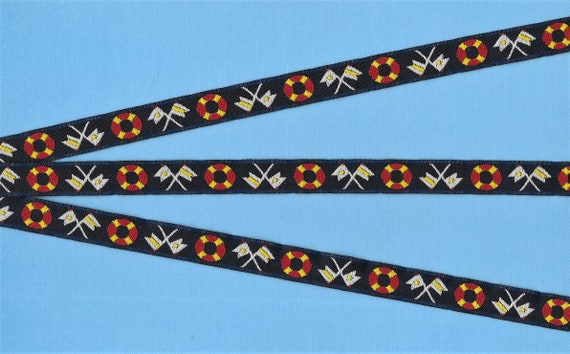 SPORTS/Nautical B-01-A Jacquard Ribbon Polyester Trim 1/2" wide (13mm) Navy Background w/Blue/Yellow  Pennants, Red & Yellow Life Preservers