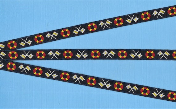 SPORTS/Nautical B-01-A Jacquard Ribbon Polyester Trim 1/2" Wide (13mm) Navy, Lt Blue/Yellow Flags Pennants Red/Yellow Life Preservers