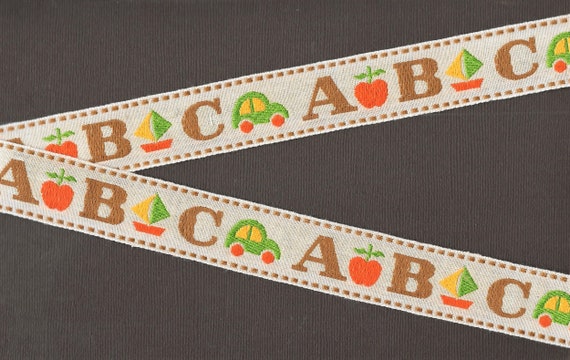 CHILDREN's F-03-A Jacquard Ribbon Cotton Trim, 1" Wide (25mm) Beige Background, Large ABC Pattern in Brown, Green, Orange & Yellow