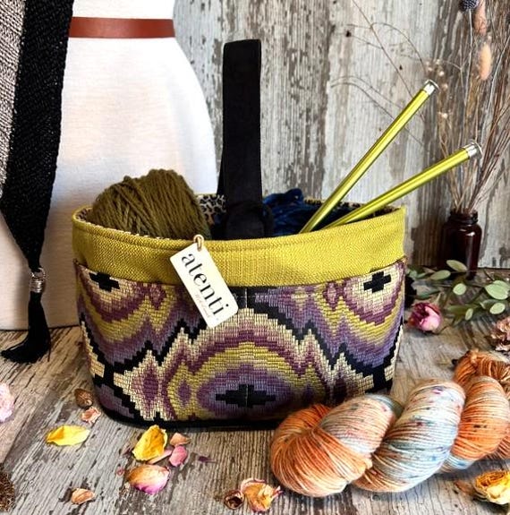 ATENTI Handmade Bags "ZIGGY" Purple, Lilac & Avocado Design, 8-Pocket Short Bucket Organizer, Needle Arts/Knitting Bag, Diaper Bag, USA Made
