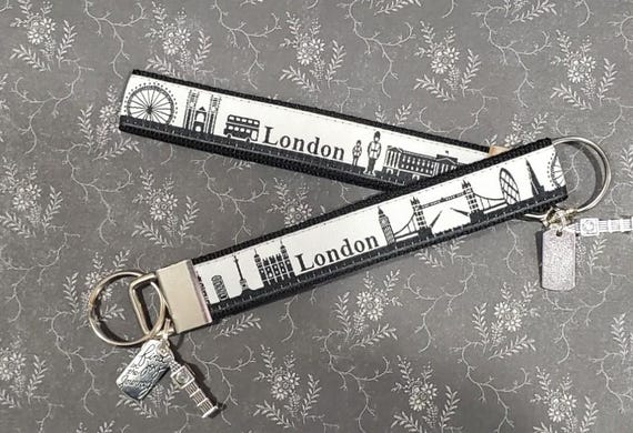 Jacquard Ribbon/Nylon Web 3/4" wide (20mm) Key Fobs, Black & White LONDON Skyline w/Charms, Keychain, Wristlet, Luggage Tags 5.5" long