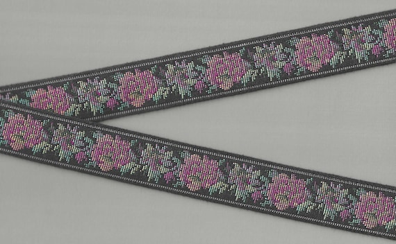 FLORAL TAPESTRY F-21-N Jacquard Ribbon Cotton Trim 1-1/8" wide (28mm) "Petit Point" Design in Black w/Pink, Yellow, Teal & Green