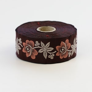 KAFKA G-16/15 Jacquard Ribbon Woven Organic Cotton Trim 1-5/16&quot; wide (32mm) Burgundy w/Apricot &quot;Alpine Rose&quot; Flowers Beige Leaves/Stems