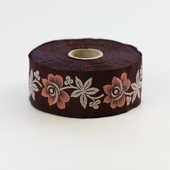 KAFKA G-16/15 Jacquard Ribbon Woven Organic Cotton Trim 1-5/16" wide (32mm) Burgundy w/Apricot "Alpine Rose" Flowers Beige Leaves/Stems