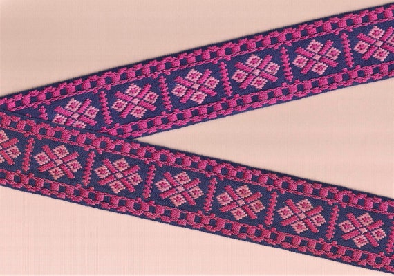 NATIVE AMERICAN K-09-D Jacquard Ribbon Cotton Trim, 1-7/8" Wide (48mm) Blue Background, Lt Pink & Pink Block Design, Per Yard