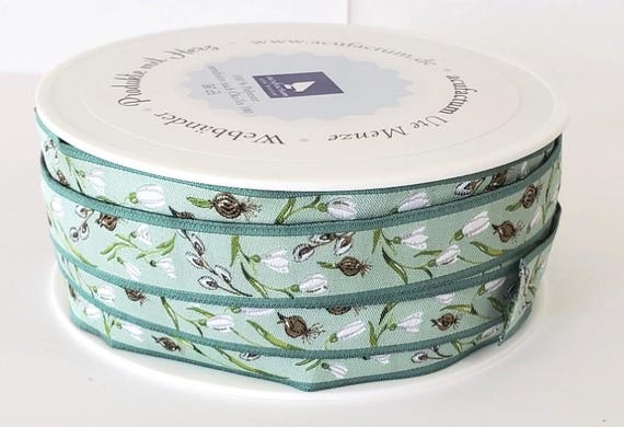 KERSTIN HESS Floral Jacquard Ribbon Woven Trim 5/8" wide (16mm) From Germany "Snowdrops" Pale Green Background w/White Snowdrops & Bulbs