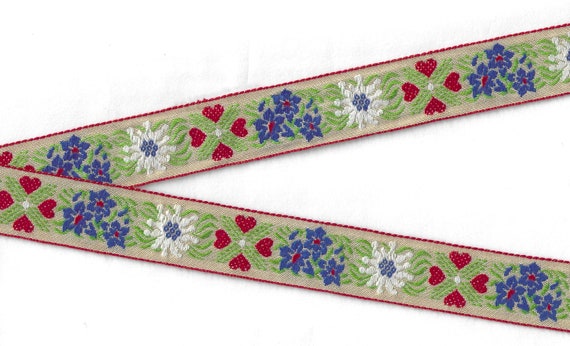 HEARTS/FLOWERS F-16-D Jacquard Ribbon Cotton/Poly Trim 1" Wide (25mm) Beige w/Red Hearts, Blue & White Edelweiss, Green Leaves