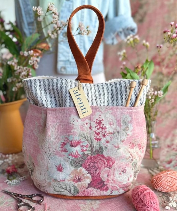 ATENTI Handmade Bags "ROSEWOOD" Floral Pattern in Warm Shades of Pink, 8-Pocket Tall Caddy Organizer, Needle Arts/Knitting Bag, Project Bag