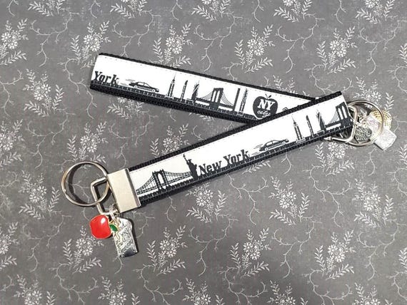 Jacquard Ribbon/Nylon Web 3/4" wide (20mm) Key Fobs, Black & White NEW YORK Skyline w/Charms, Keychain, Wristlet, Luggage Tags 5.5" long