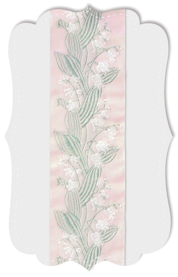 KAFKA H-02/13 Jacquard Ribbon Woven Organic Cotton Trim 1-1/2" wide (38mm) Ballet Pink White Lilies of the Valley Lt Green Leaves