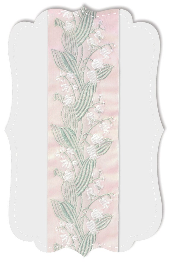 KAFKA H-02/13 Jacquard Ribbon Woven Organic Cotton Trim 1-1/2" wide (38mm) Ballet Pink White Lilies of the Valley Lt Green Leaves