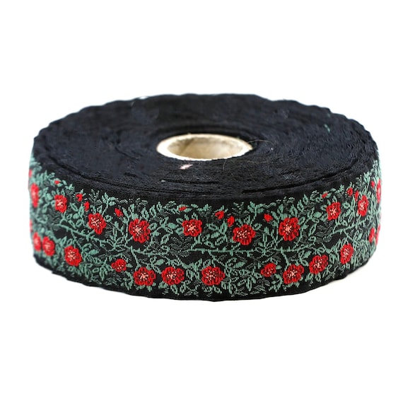 KAFKA F-02/05 Jacquard Ribbon Woven Organic Cotton Trim 1" wide (25mm) Black Background w/Red Dog Roses, 2-Tone Green Vines & Leaves