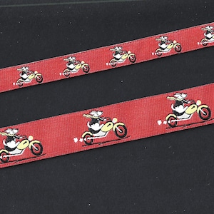 ANIMALS/Dogs Jacquard Ribbon Poly Trim &quot;Biker Dog&quot; Red w/White Dogs Black Jackets Yellow Scarves 1/2&quot; (13mm) or 7/8&quot; (22mm) width