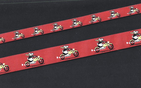 ANIMALS/Dogs Jacquard Ribbon Poly Trim "Biker Dog" Red w/White Dogs Black Jackets Yellow Scarves 1/2" (13mm) or 7/8" (22mm) width