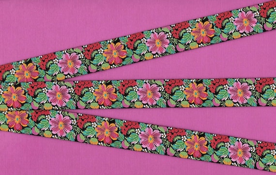 FLORAL E-41-A Jacquard Ribbon Poly Trim 7/8" wide (22mm) Black Background w/Orange & Pink Flowers, Green Leaves, Hawaiian Tropical