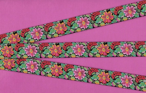 FLORAL E-41-A Jacquard Ribbon Poly Trim 7/8" wide (22mm) Black Background w/Orange & Pink Flowers, Green Leaves, Hawaiian Tropical, Per Yard