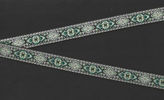 GEOMETRIC C-06-N Jacquard Ribbon Polyester Trim 5/8" wide (16mm) Black w/White, Dark Green and Lt Green, Renaissance Medieval Costumes