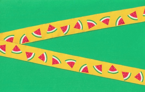 NOVELTY/Fruit E-01 Jacquard Ribbon Polyester Trim, 7/8" Wide (22mm) Golden Yellow w/Watermelon Slices, Priced Per Yard