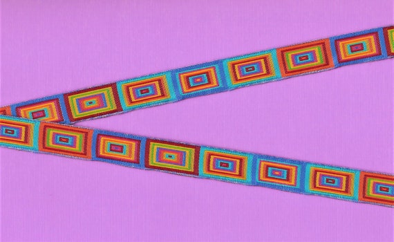 GEOMETRIC C-31-A Jacquard Ribbon Poly Trim, 5/8"Wide (16mm) Turquoise Background w/Multi-Colored MOD Retro Rectangles, Per Yard