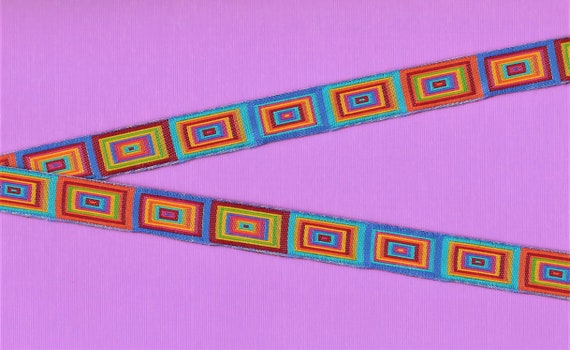 GEOMETRIC C-21-A Jacquard Ribbon Poly Trim, 5/8"Wide (16mm) Turquoise Background w/Multi-Colored MOD Retro Rectangles