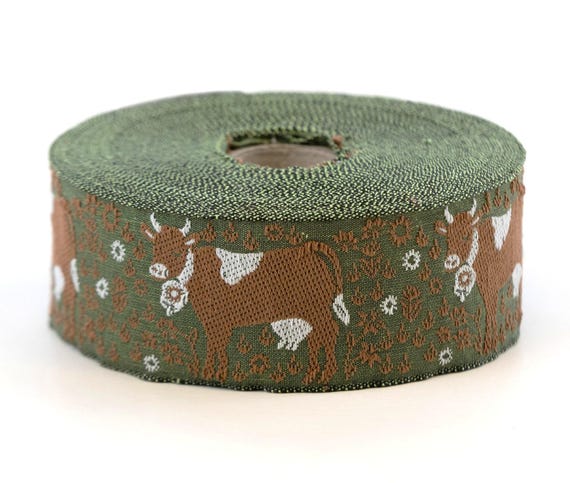 KAFKA G-17/01 Jacquard Ribbon Organic Cotton Trim 1-1/4" wide (32mm) Olive w/Fawn & White Cows, White Horns, White Flowers