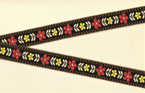 FLORAL F-19-C Jacquard Ribbon Cotton Trim, 15/16" Wide (25mm) Black Background Brown Border, Rust & Yellow Flowers Cream Leaves, Per Yard