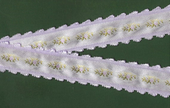 FLORAL H-10-D Jacquard Ribbon Rayon Trim 1-3/8" wide (34mm) VINTAGE RARE Lilac Background w/Variegated Lilac Flowers, Green Leaves