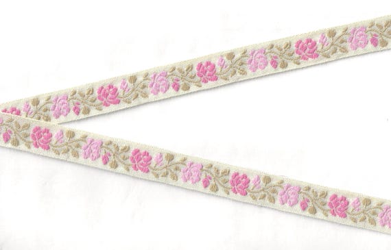 FLORAL D-80-A Jacquard Ribbon Cotton Trim 3/4" wide (20mm) VINTAGE Ivory w/Pink Flowers