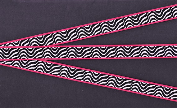 ANIMALS/Prints C-DP-01a Jacquard Ribbon Poly Trim 5/8" Wide (16mm) Hot Pink Border, Black & White Zebra Stripe Design