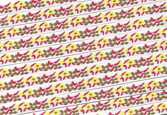 FLORAL A-20-A Jacquard Ribbon Poly Trim 3/8" wide (9mm) White Background w/Petite Yellow & Brown Flowers, Red Accents